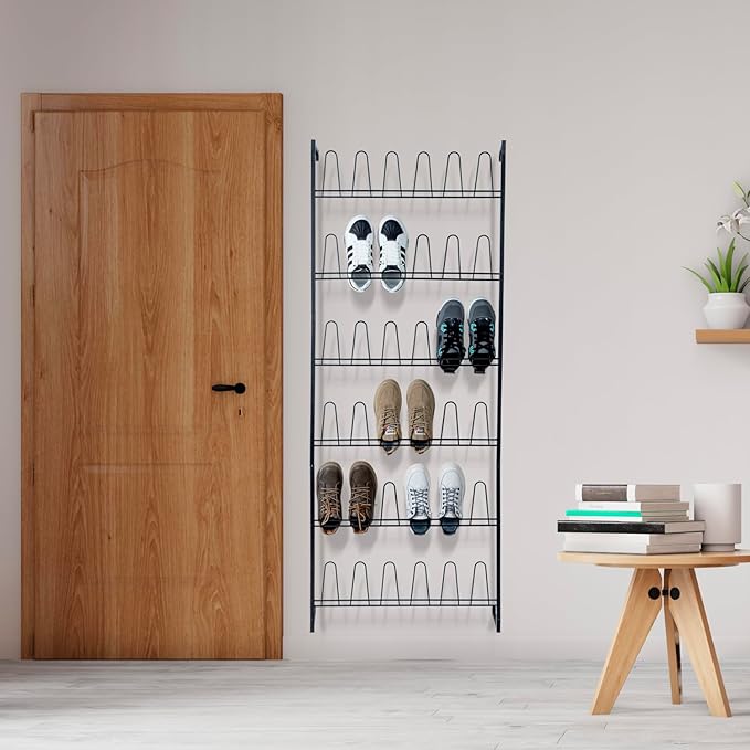 MyGift 70 Inch Black Metal Wall Mounted Shoe Rack for efficient vertical storage, shoe storage for Closet with 36 Hooks, Holds up to 18 Pair for Entryway
