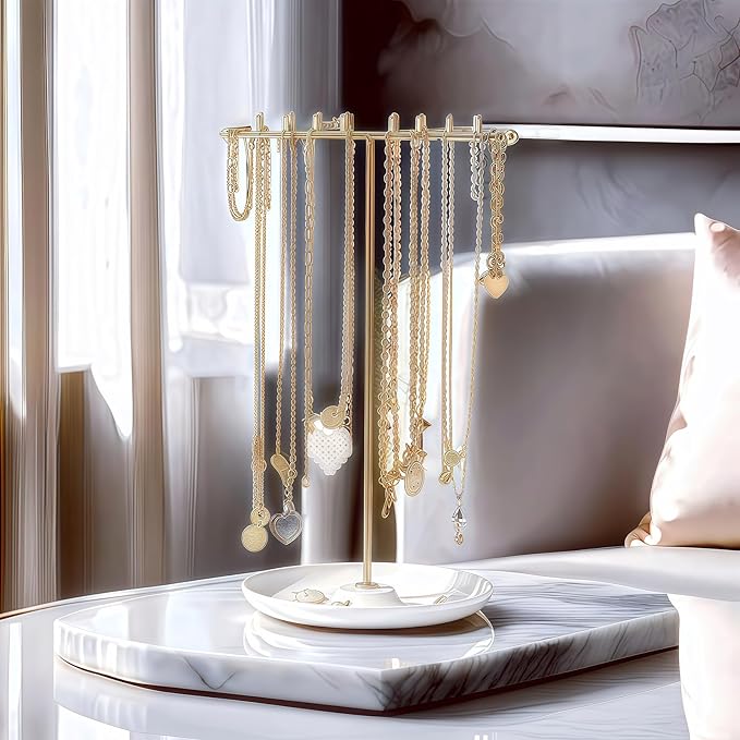 Necklace Holder Stand Organizer with Tray - Gold Jewelry Organizer with 16 Hooks Necklace Tree, Small Necklace Hanger & Ring Holder, Multifunctional Storage Earrings, Lipstick, Watches