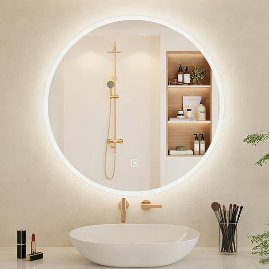 30 inch Round LED Vanity Mirror with Lights, Bedroom and Bathroom Mirror, Touch Control 3-Color Dimmable Lighting, Easy Wall Mount, Plug-in Power