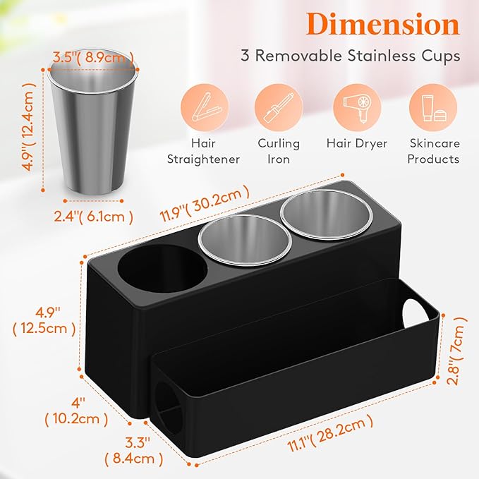 Lifewit Hair Tool Organizer Countertop, Removable Blow Dryer Holder for Bathroom, Acrylic Hot Tools Organizer Storage for Curling Iron, Brush, Straightener, 3 Stainless Cups, Black, 30 cm/12 inch(L)