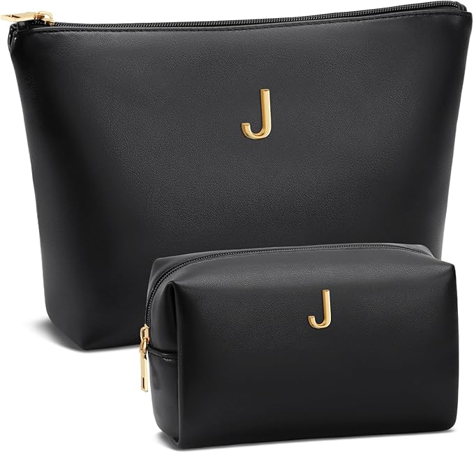 Valentine's Day Gifts for Women Girlfriend Initial Makeup Bag for Teen Girls Personalized Gifts for Friend Teacher Mom Wife Cosmetic Travel Toiletry Bag(Black,J)