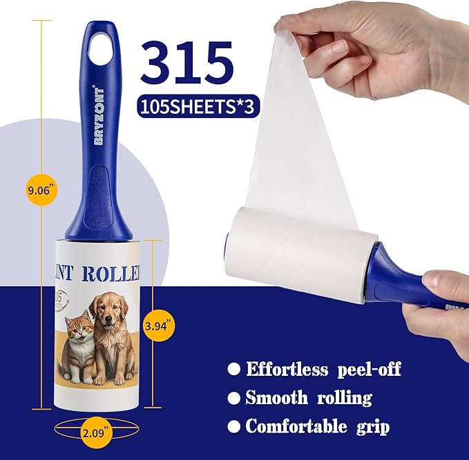 Extra Sticky Lint Roller Portable Lint Remover Lint Rollers 315 Sheets with 1 Handle 3 Rollers for Pet Hair Clothes Furniture Carpet