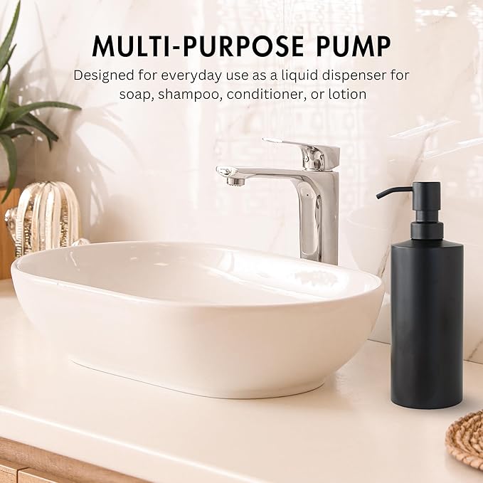 Black Soap Dispenser for Kitchen & Bathroom – 15 oz Refillable Resin Pump Bottle for Dish Soap, Hand Soap, Shampoo, Conditioner – Modern Countertop Dispenser with Non-Slip Protective Pads