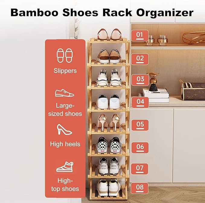 YYW Bamboo Shoe Rack for Entryway, Free Standing Shoe Racks Shelf Closet, Foldable Vertical Shoe Storage Organizer for Living Room