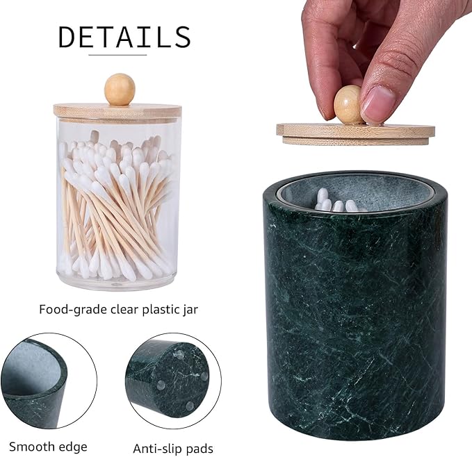 Travertine Marble Qtip Holder Dispenser with Bamboo Lid & Clear Plastic Inner Jar - Bathroom Vanity Organizer for Cotton Swab, Ball, Makeup Pads, Floss - Storage Container (India Green Marble)