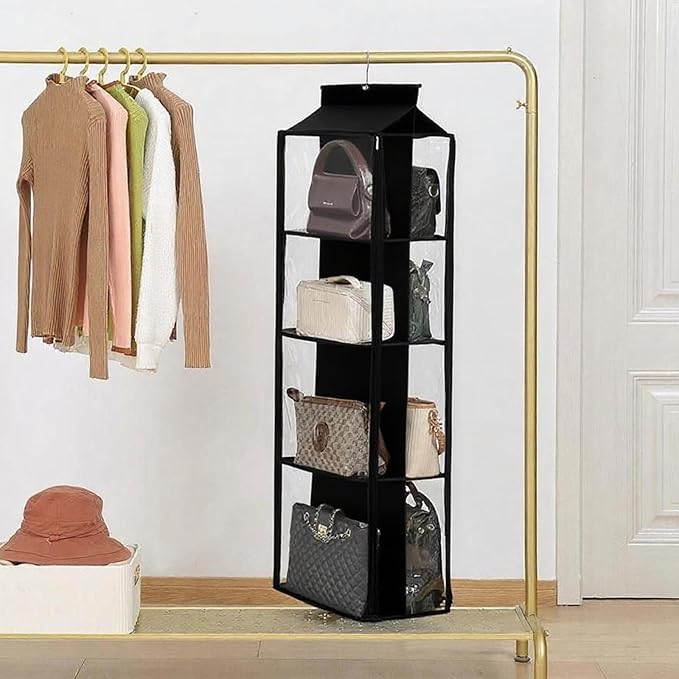 8 Grids in 1 Rotatable Hanging Purse Handbag Organizer with Double Zippers, Visible Purse Organizer for Closet, Fully Enclosed Handbag Storage Holder-Black
