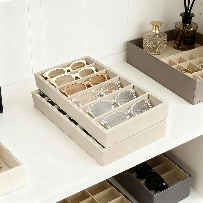 Sunglass Organizer Tray 2 Pcs - 6-Velvet Sunglasses Organizer Tray, Compartment Stackable Glasses Drawer Storage and Display, Trade Show Home Use, Display Case for Eyeglasses Jewelry Display–Beige