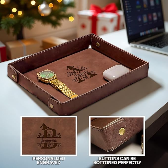 Engraved Christmas Light Coffee Leather Valet Tray – Personalized Rectangle Catchall Organizer for Wallet, Keys & Jewelry – Gift for Men, Dad, Couples – Dresser Top or Coffee Table Decor