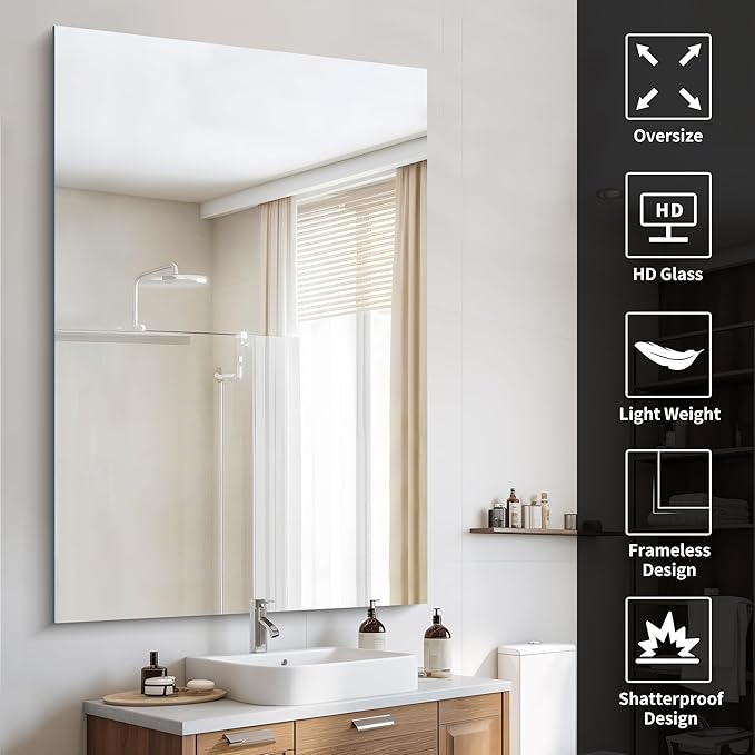 CILIBER Frameless Mirror, 60x40 Bathroom Mirrors for Wall, Upgraded Shatterproof Rectangle Vanity Mirror Over Sink with Polished Edge for Bathroom,Bedroom,Living Room and Entryway