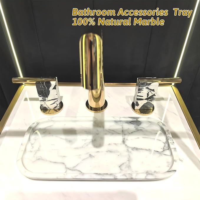 Marmor Real Natural Marble Bathroom Tray for Perfume, Candles, Jewelry Stone Vanity, Bathroom & Kitchen Counter Organizer and Home Decor Statuario White（11.41 * 5.51 * 0.7）