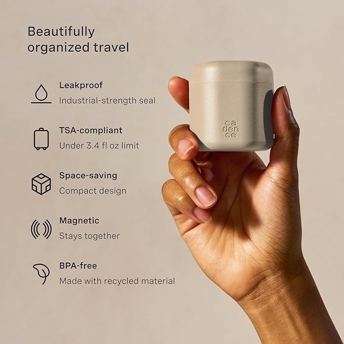 Cadence Travel Containers - Daily Routine Capsule Set - Magnetic Containers with Lids,4 Flex Mediums (1.32oz) & 3 Flex Smalls (0.56oz) - Shampoo, Conditioner, Body Wash, Pills, & More - Sand