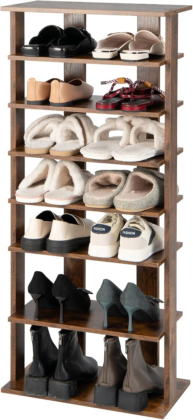 COSTWAY 7 Tiers Shoe Rack, Double Rows Vertical Tall Narrow Patented Shoe Organizer, Free Standing Shoe Rack for Small Space, Entryway, Closet, Living Room, Bedroom (Rustic Brown)