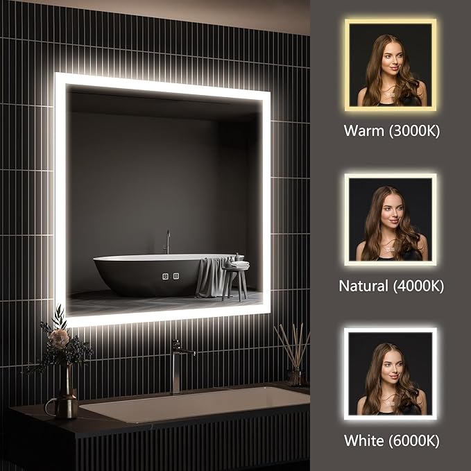 APRILSOUL 36x36 Inch LED Mirror for Bathroom, Led Vanity Mirror with Front and Backlit, 3 Color Lights, Memory Function, Anti-Fog and Dimmable Light (Horizontal/Vertical)
