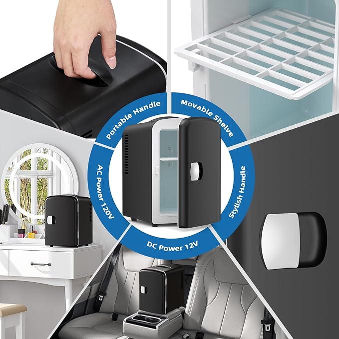 Compact Refrigerator, Portable Mini Fridge, Skin Care 4L Capacity/6 Cans, for Bedroom, Car, Office & Dorm, Small Cooler for Cosmetics, Beverage and Food, Black
