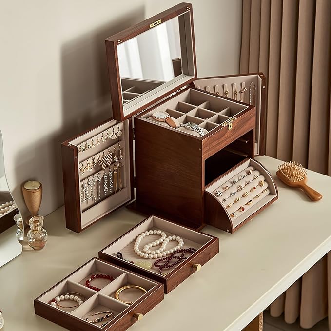 CHOSIN Black Walnut Wooden Jewelry Box, 4-Layer Lockable Organizer with Mirror, Rotatable Ring Holder,Side Doors & Brass Handle, Classical Design for Rings, Necklaces, Earrings, Valentine's Day Gifts
