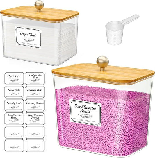 Lifewit Large Laundry Pods Container& Dryer Sheet Holder, Plastic Detergent Dispenser, Laundry Room Organization Storage Jars for Powder, Soap, Scent Booster Beads,Bamboo Lid,0.53+0.7 gal,2 Pcs