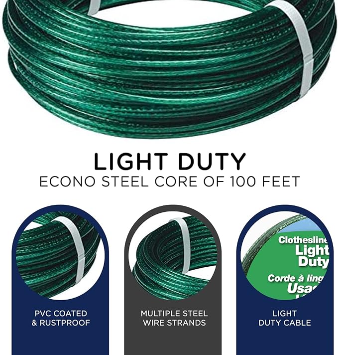 Strata Clothesline - Galvanized Steel Cable - PVC Coasting (100', Green)