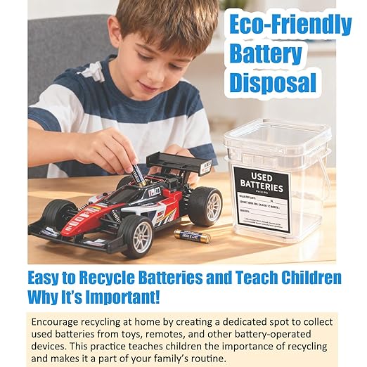 Battery Recycling Container with Battery Testers for Household Batteries, QHAND Used Battery Disposal Container with lid for Home Use, Office, Garage, Schools (1.32 Gallon)