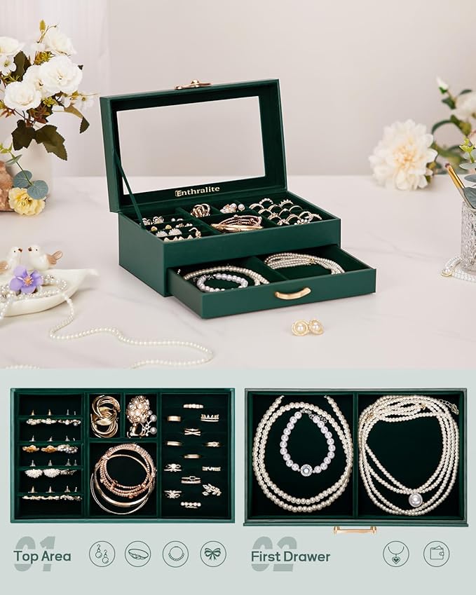 Jewelry Box with 1 Drawers: Display Organizer for Earrings Necklaces - Christmas Gifts for Girls Women (Forest Green)