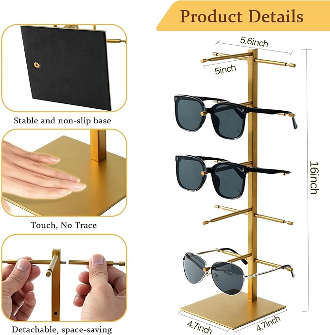 5-Tier Sunglass Display Stand, Sunglasses Organizer, Titanium Brushed Eyeglass Holder Stand, Gold Sunglasses Rack for Homes, Offices, Boutique Shops（PATENT PENDING