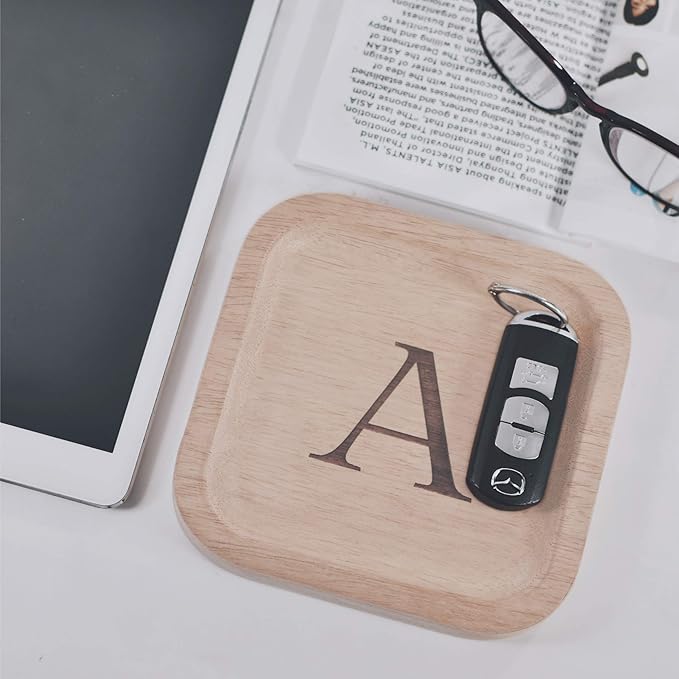 I'm Wooden Personalized Letter Catchall Valet Tray Trinket Dish Jewelry Tray Key Bowl Decorative Plate Organizing Ring Earrings Necklaces Bracelet Watch Coins Wallet Holder (6"x6" Sq Natural A)