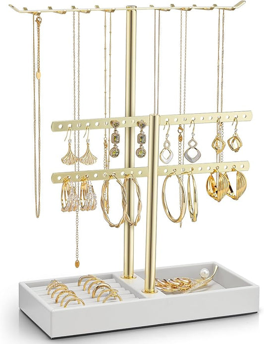 Vlando 2 Tier Jewelry Stand Organizer with Tary, Leather Jewelry Holder Display for Women, Gold Jewlery Holder Stand for Necklace, Earring, Bracelet, Rings - White