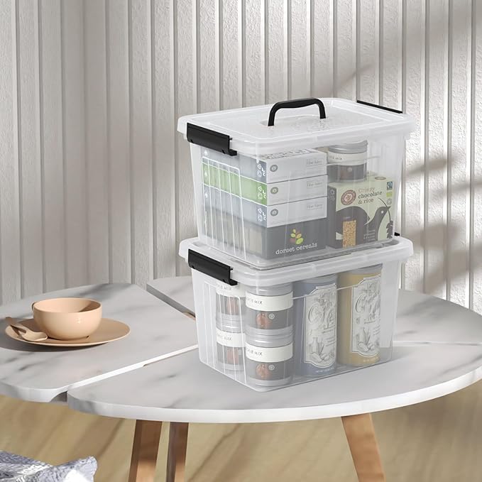 12 L Clear Lidded Storage Box, Plastic Latching Bin with Handle, 4 Pack