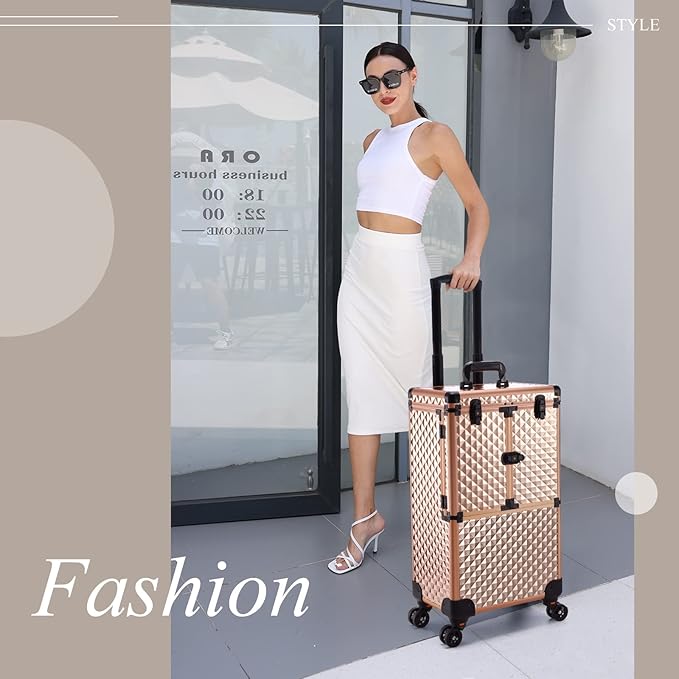Adazzo Professional Makeup Artist Rolling Train Case Multi-functional Cosmetic Train Case Large Trolley Storage Case for Nail Technicians Cosmetology Case for Hairstylist Rose Gold