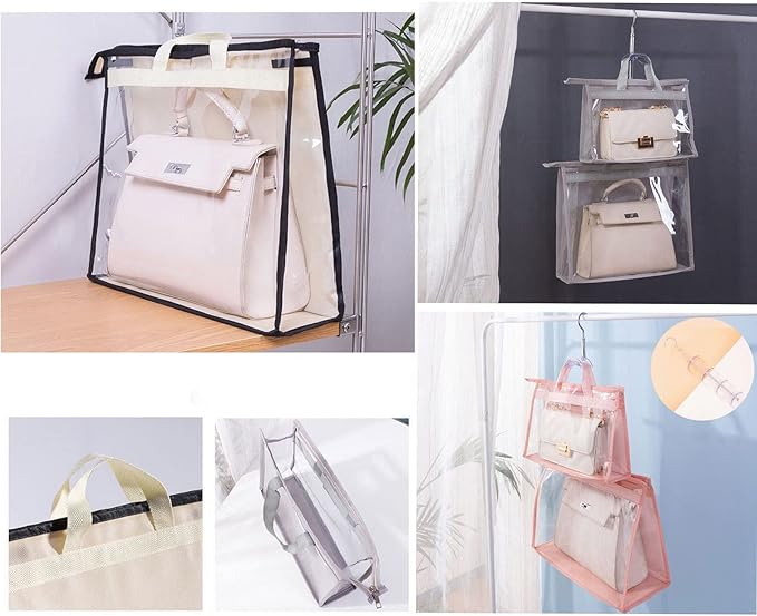 Dust Bags for Handbags - Purse Storage Organizer for Closet Moistureproof and Dustproof Cover Hanging with Zipper and Handle (Pink-XXL)