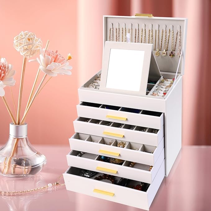 BOOVO Jewelry Box with Necklace Hanger – 6 layer Jewelry Organizer for Women with 5 Drawers, Large Jewelry Storage Boxes –Jewelry Organizers and Storage for Earrings, Necklaces (White, 6 layer)
