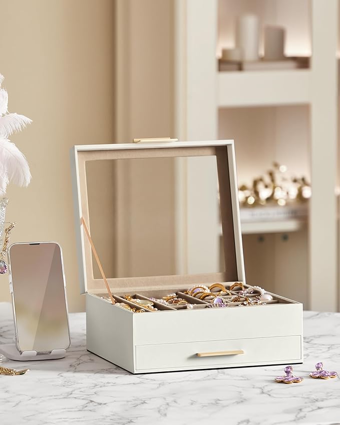 SONGMICS Jewelry Box Organizer with Glass Lid, 2-Layer Jewelry Storage, with 1 Drawer, Modern Style, 8 x 9.1 x 4.1 Inches, Cloud White and Gold Color UJBC174W01