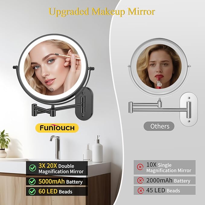 FUNTOUCH 20X/3X Rechargeable Wall Mounted Makeup Vanity Mirror with Lights, Double Sided Magnifying Wall Mount Mirror,3 Color Lighting, Touch Screen Dimming,Extension Arm 360 Rotation Wall Mirrors
