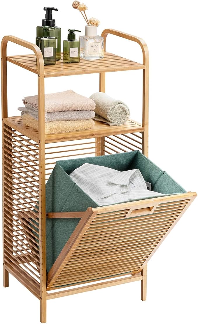 Giantex Laundry Hamper Tilt-Out Laundry Linen Hamper Bamboo Freestanding Clothes Basket W/Shelf & Removable Liner, Storage Laundry Shelf for Bathroom Living Room Bedroom, Natural