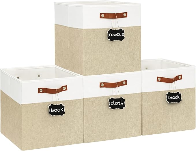 13x13 Storage Cubes 4-Pack, Large Foldable Fabric Cube Storage Bin with Reinforced Bottom and Labels, Organizer Baskets for Shelves, Closets(White/Khaki)