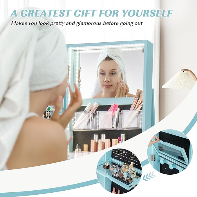 GOFLAME 360° Rotating Jewelry Cabinet with Full-Length Mirror, Freestanding Jewelry Armoire with 3-Color LED Light and Back Storage Shelf, Lockable Jewelry Organizer for Bedroom Cloakroom, Sky Blue