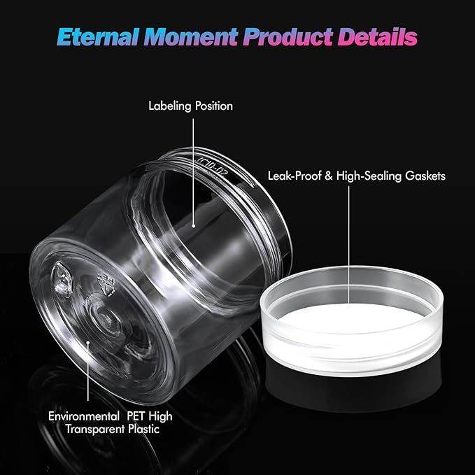 Eternal Moment 36 Pack 2 OZ Plastic Jars Round Clear Cosmetic Container Jars with Clear Lids, Perfect for Lotion, Slime，Cream, Ointments, Makeup, Eye Shadow, Samples, Pot, Travel Storage