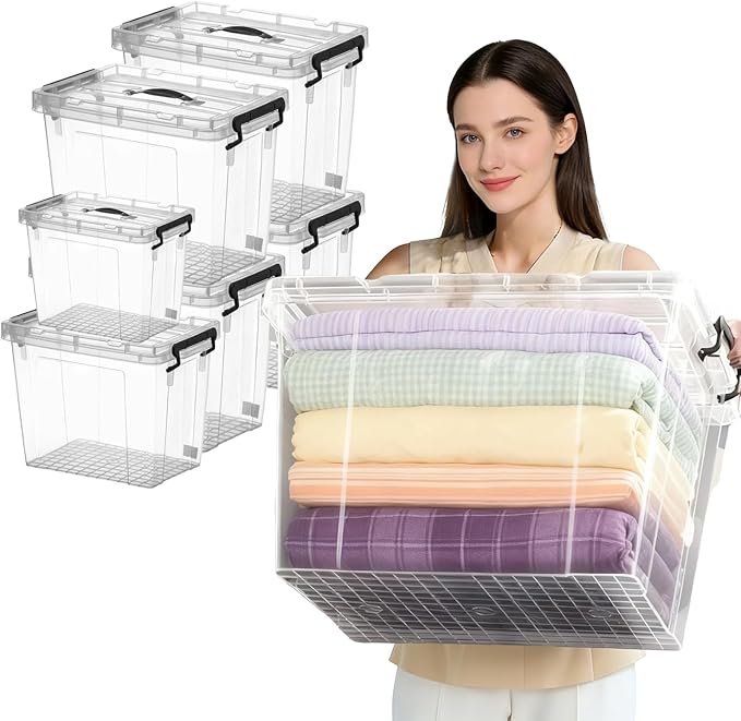 462QT Clear Storage Bins with Lids (4 Pack-90 QT, 1 Pack-60 QT, 1 Pack-42 QT), Stackable Plastic Organizer for Home, Office, Garage, BPA-Free, Heavy-Duty with Secure Latches & Handles