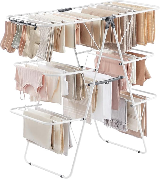 SONGMICS Clothes Drying Rack, Foldable 3-Level Laundry Rack, Free-Standing Large Drying Rack, with Height-Adjustable Wings, 39 Drying Rails, Sock Clips, White and Gray ULLR054W01