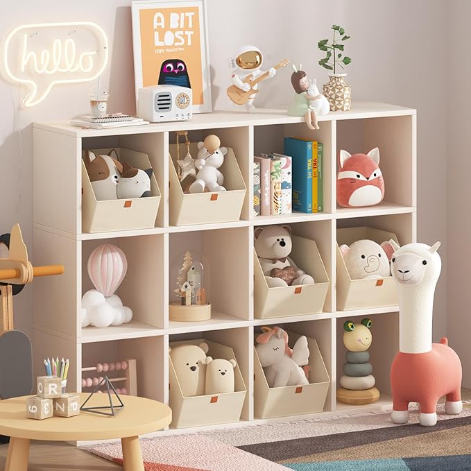 Fabric Closet Storage Cubes - 4 Pack Square Storage Bins with Dual Handles for Clothes, Towels, Toys, Cube Storage Organizers for Bedroom, Nursery, Shelves, Closet, Small Spaces, Beige