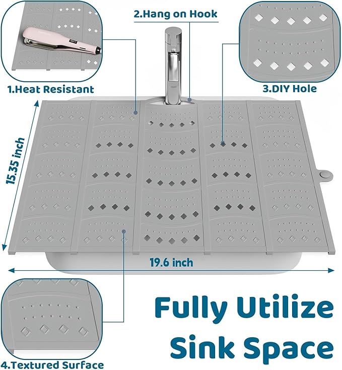 Bathroom Sink Cover for Counter Space, Foldable Silicone Sink Mat Makeup Organizer Mat Space Saver, Women’s Gifts for Valentines RV Camper Travel Must Haves Accessories, Grey
