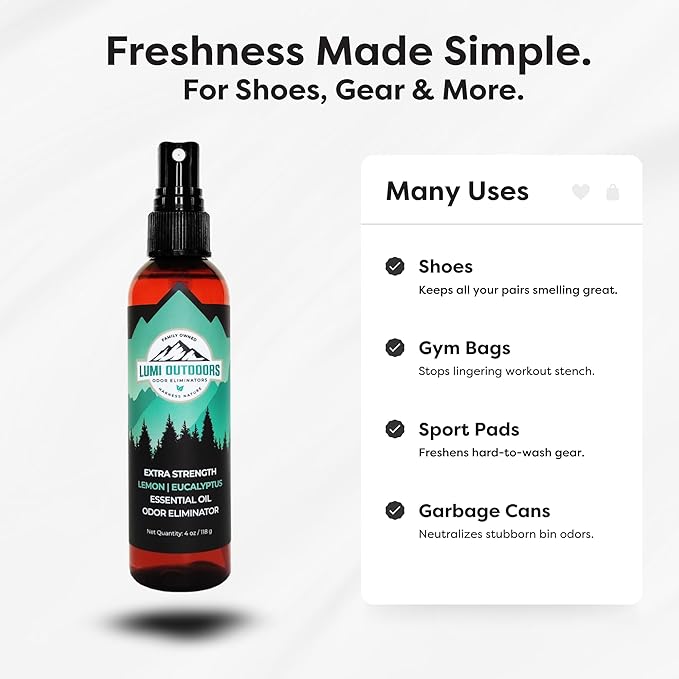 Lumi Outdoors Natural Shoe Deodorizer Spray (700+ Sprays) - Extra Strength Shoe Odor Eliminator for Smelly Shoes & Foot Odor - Replaces Shoe Balls & Inserts - Eucalyptus Lemongrass