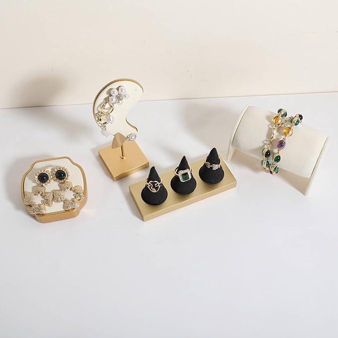 GemeShou black jewelry ring display holder for selling, velvet ring cone display stand, cute cone shaped ring holder with golden coated base,Small jewelry ring storage organizer【Ring holder-black】