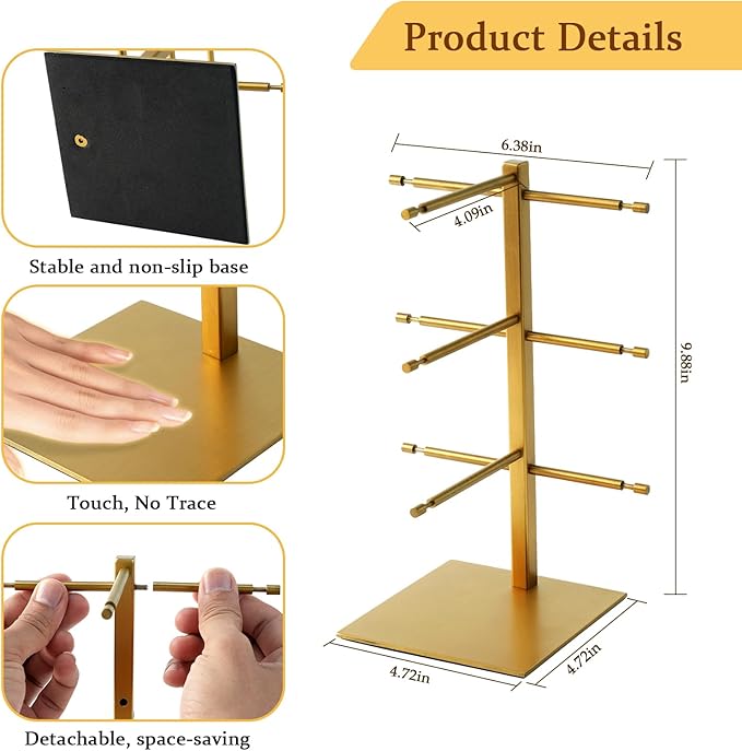 3-Tier Sunglass Display Stand,Sunglasses Organizer，Titanium Brushed Eyeglass Holder Stand，Gold Sunglasses Rack for homes, offices, boutique shops（PATENT PENDING