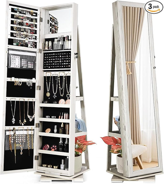360° Swivel LED Mirror Jewelry Cabinet with Full Length Mirror, Lockable Floor Standing Mirrored Jewelry Armoire Organizer w/Inside Makeup Mirror & Back Storage Shelves (Grayish White)