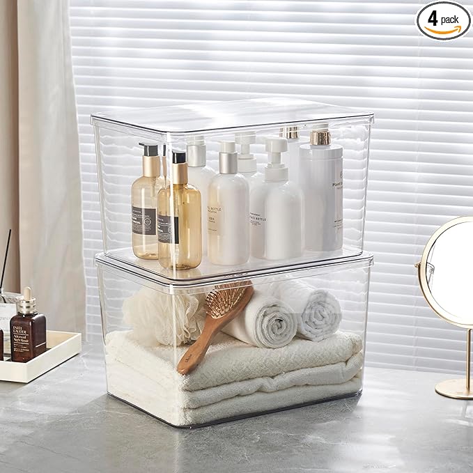 2Extra Large Lidded Plastic container , Clear Stackable Storage Boxes for Cabinets, Organization and Storage for Shelves Office Bathroom (2Extra Large)