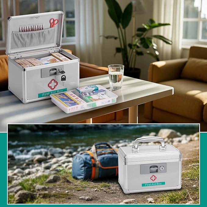 Metal Medicine Storage Box with Key, 10 x 6 x 6.7” First Aid Box Lock For Medication, Smell Proof Box Empty Organizer for Home, Dorm, Office