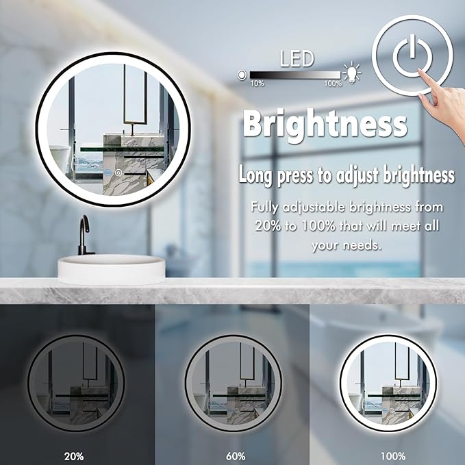 16 Inch Black Bathroom LED Mirror with Light, Black Frame, AntiFog, 3 Color, Wall Mounted Circle Lighted Mirror