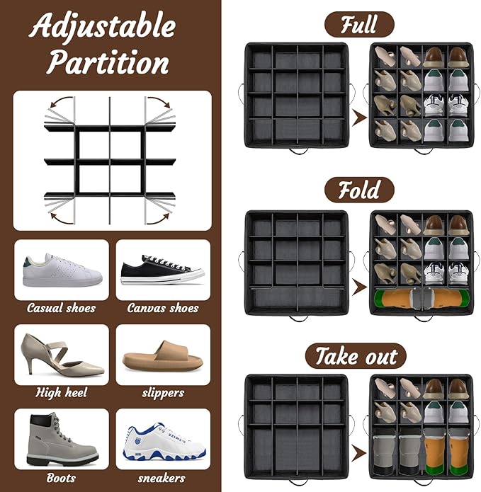 Shoe Storage Organizer, Fits 16 Pairs, Closet Shoe Box with Adjustable Dividers & Transparent Lid, Foldable Fabric Shoe Container with Handles for Space-Saving Shoe Storage (Black)