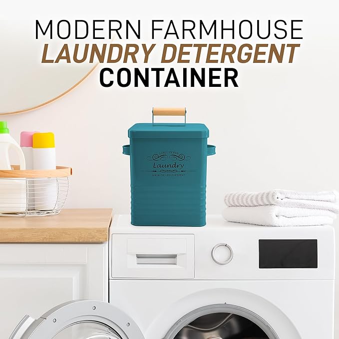 ELITAPRO Detergent Storage Container with Scoop & Lid- Modern Farmhouse Metal Powder Dispenser for Laundry Room Decor and Accessories (Teal)