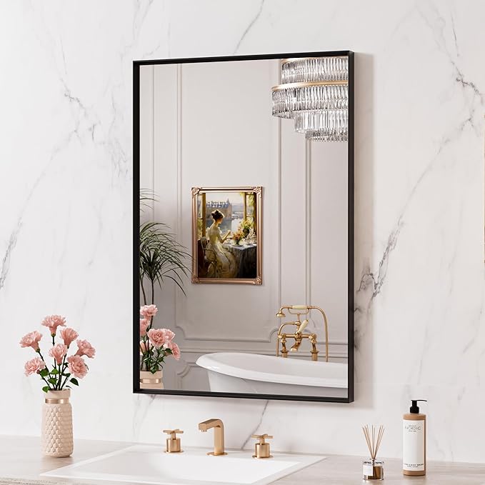 LOAAO Black Bathroom Mirror 24"X36" for Wall, Rectangle Bathroom Vanity Mirror, Hangs Vertically or Horizontally, Easy to Install, Modern Design